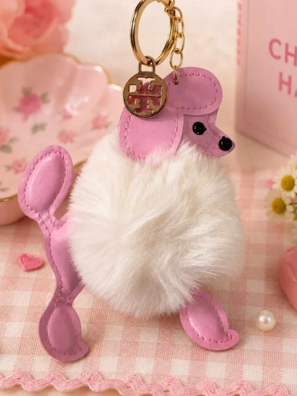 Pink Poodle Coin Bag/Keychain w/ Tory Burch Charm